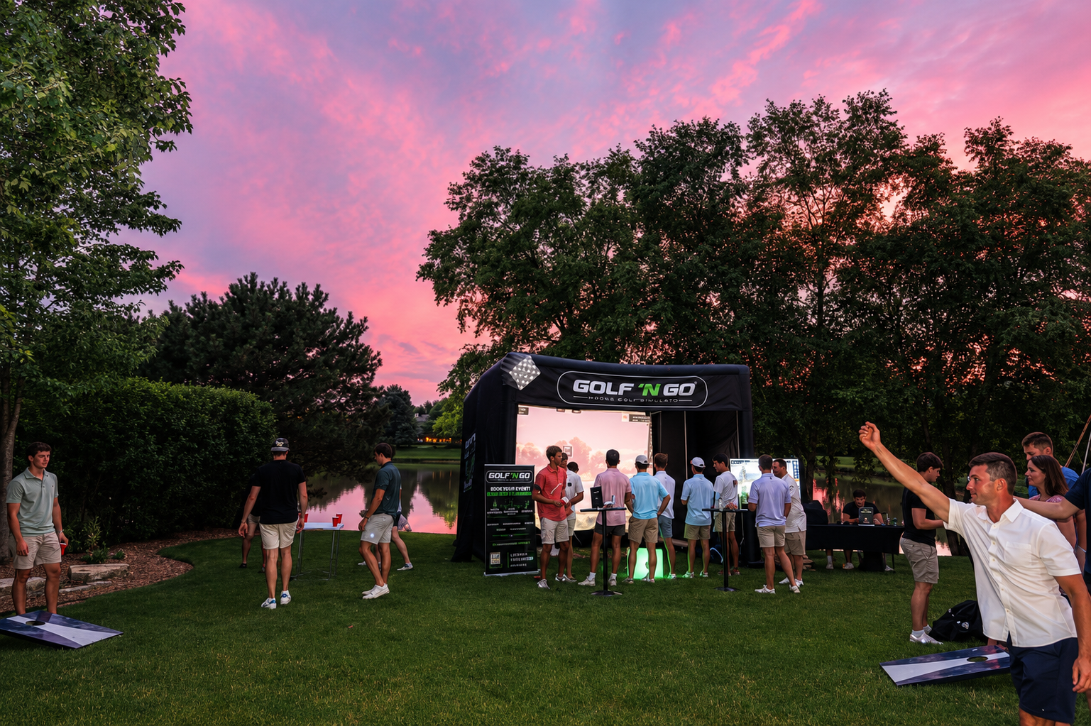 Golf n Go mobile golf simulator entertaining guests at an outdoor Chicagoland event