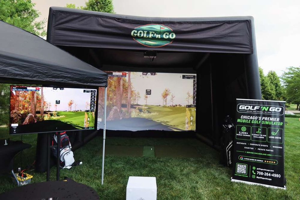Mobile golf simulator setup for an event in Naperville, Illinois